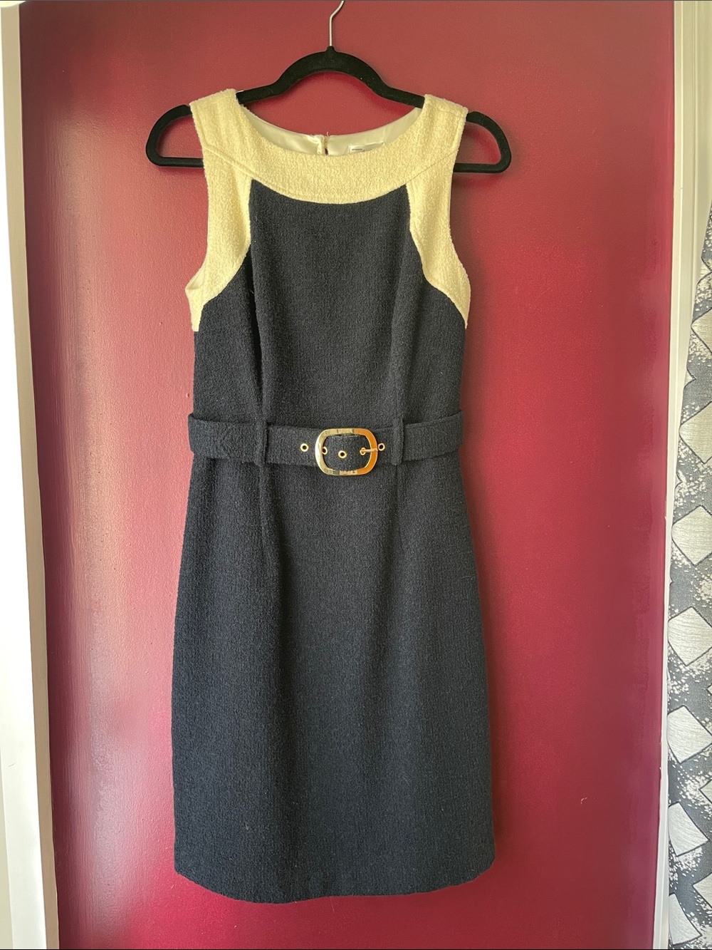 Milly of New York Dark NavyWool-Blend  Boucle Dress with Cream Yoke and Belt